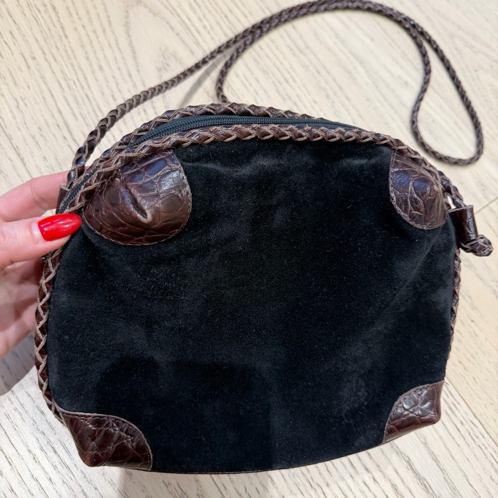Vintage Genuine Suede & Leather Crossbody Shoulder Bag with Brown Accents - Picture 4 of 12
